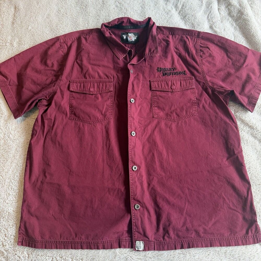 Harley Davidson Mens Button Up Shirt 2XL Red Biker Vintage Grunge Wings Skull